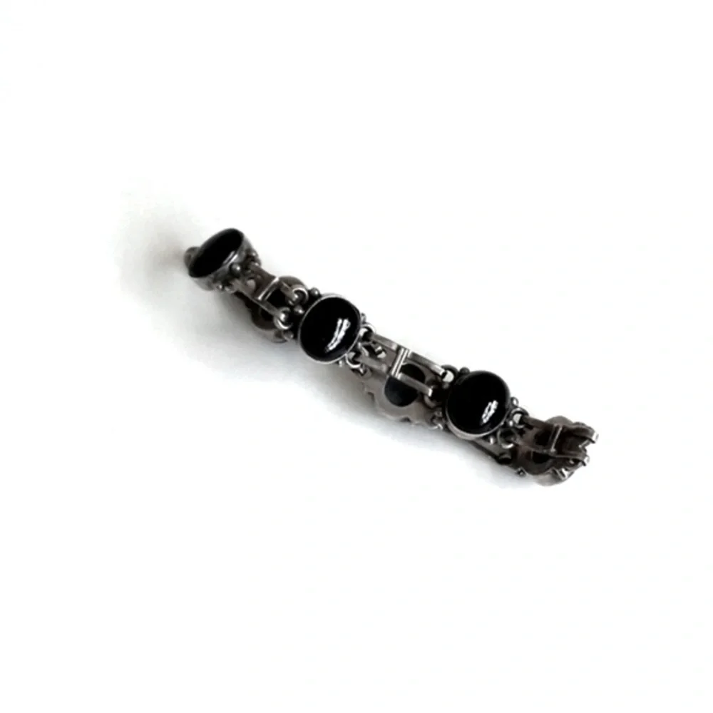 Vintage / Antique 925 Sterling Silver Black Onyx Chain Bracelet from India